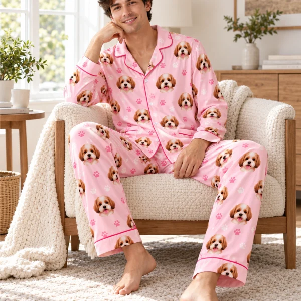 Man sitting in long sleeve pajamas covered in doodle puppy faces — MyDogPics