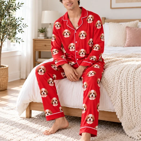 Man sitting in long sleeve pajamas covered in doodle puppy faces — MyDogPics