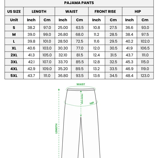 Long sleeve pajamas size chart — pants (S–5XL) in inches and cm — MyDogPics