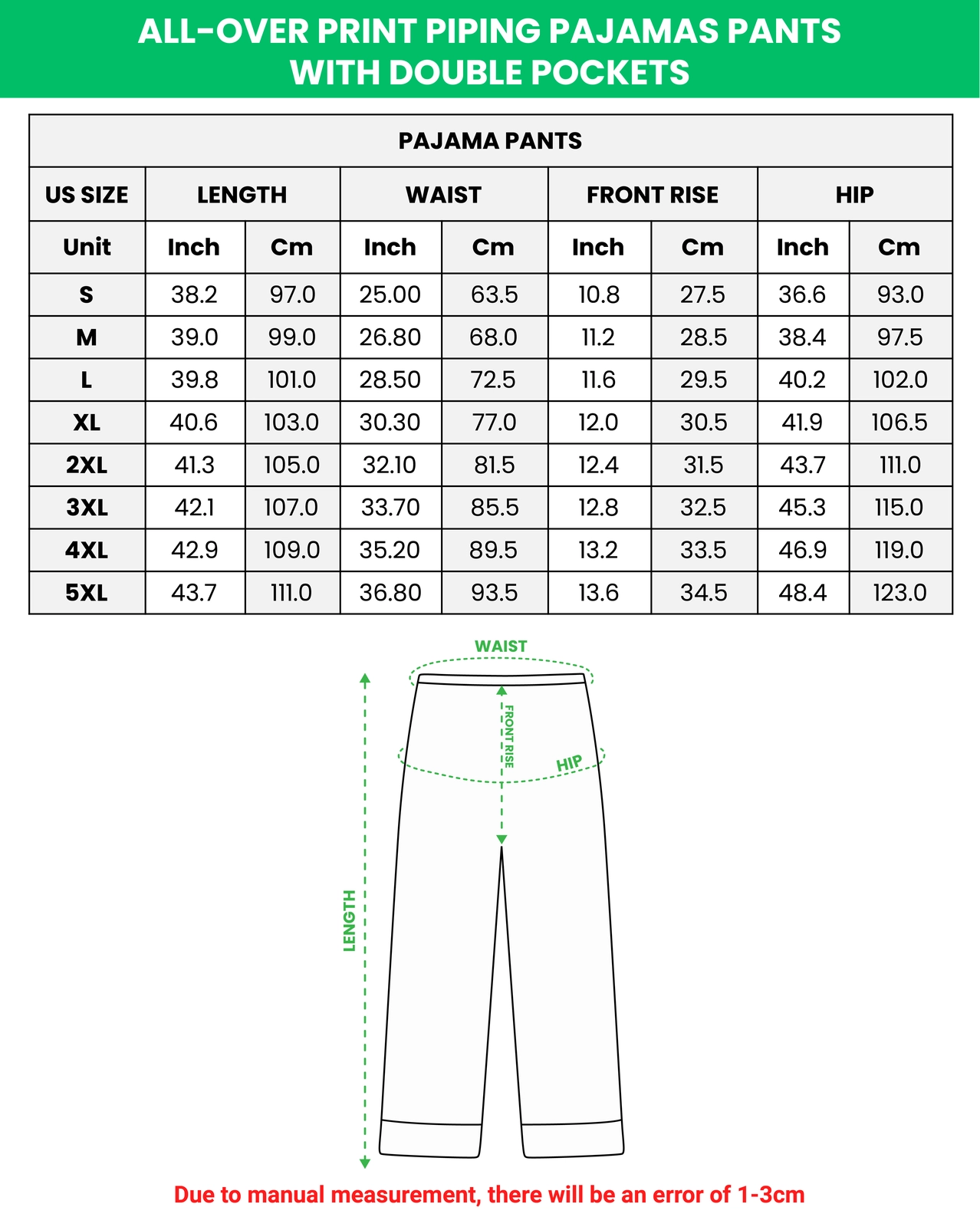 Long sleeve pajamas size chart – pants (S–5XL) | MyDogPics Long sleeve pajamas size chart — pants (S–5XL) in inches and cm — MyDogPics