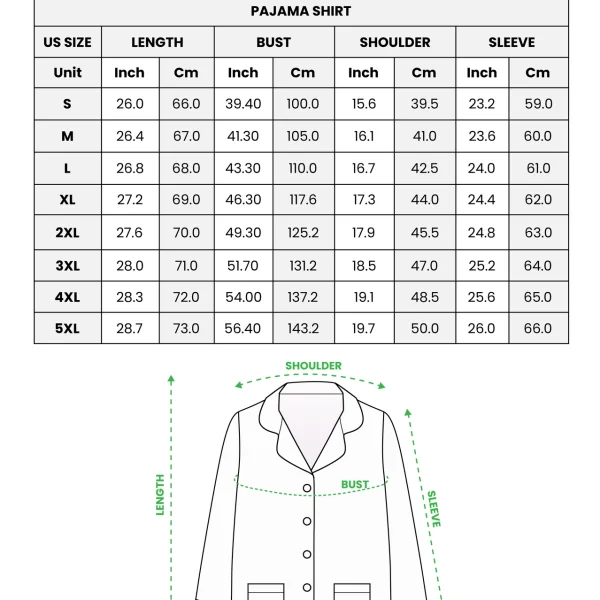 Long sleeve pajamas size chart — shirt (S–5XL) in inches and cm — MyDogPics