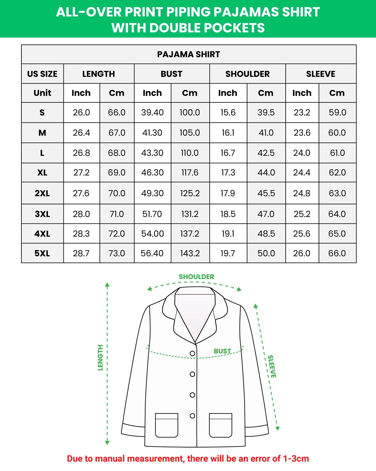 Long sleeve pajamas size chart – shirt (S–5XL) | MyDogPics Long sleeve pajamas size chart — shirt (S–5XL) in inches and cm — MyDogPics
