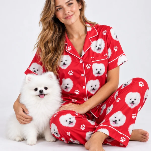 Woman in matching couple pajamas cuddling her Pomeranian — MyDogPics