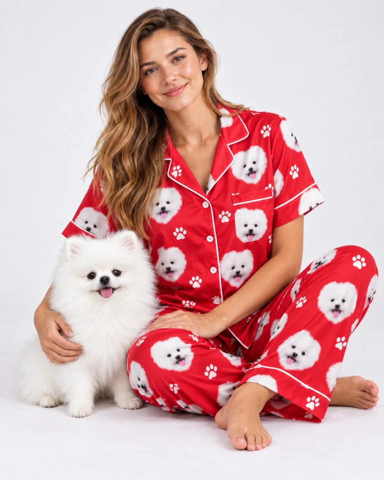 Woman in matching couple pajamas cuddling her Pomeranian, one half of a his and hers pair — MyDogPics