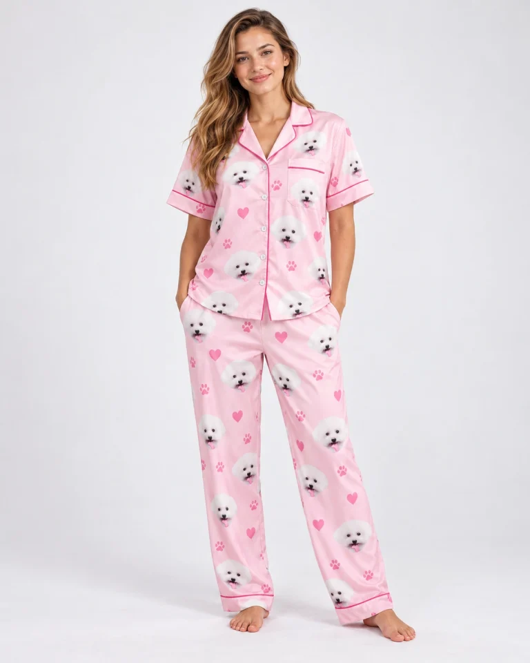 Woman wearing matching couple pajamas covered in white Pomeranian faces — MyDogPics