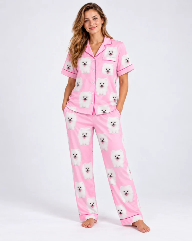 Woman posing in matching couple pajamas, white Pomeranian faces on pink satin with hearts and paw prints — MyDogPics