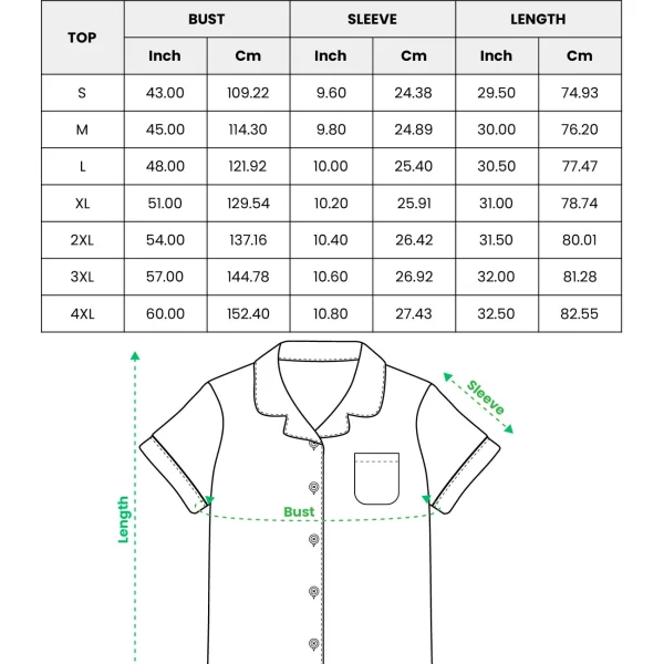 Matching couple pajamas size chart — short-sleeve shirt (S–4XL) in inches and cm — MyDogPics