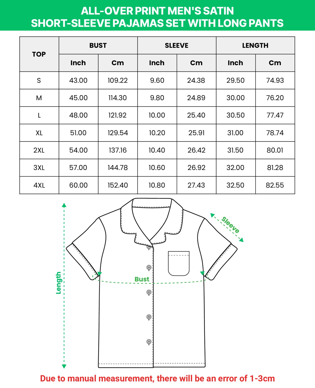 Matching couple pajamas size chart – short-sleeve shirt (S–4XL) | MyDogPics Matching couple pajamas size chart — short-sleeve shirt (S–4XL) in inches and cm — MyDogPics