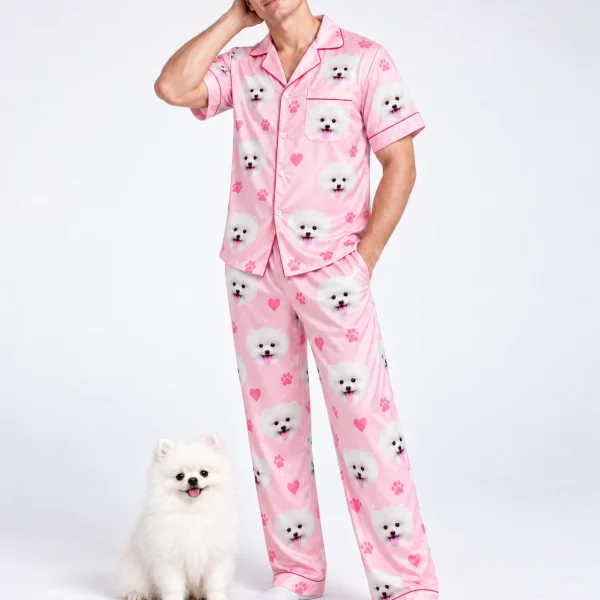 Man in matching couple pajamas standing next to his Pomeranian — MyDogPics