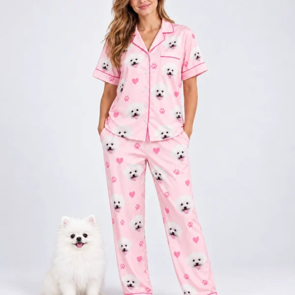 Woman in matching couple pajamas standing next to her Pomeranian — MyDogPics