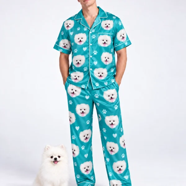 Man in matching couple pajamas standing next to his Pomeranian — MyDogPics