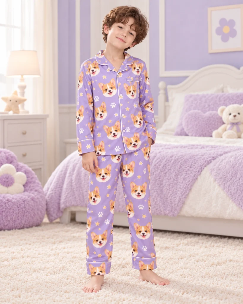 Child wearing matching kids pajamas covered in corgi faces on lavender satin with paw prints — MyDogPics