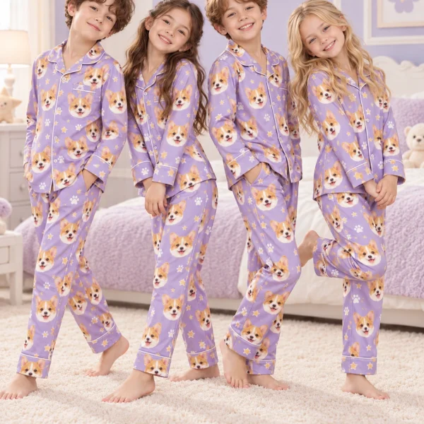 Kids wearing matching kids pajamas with corgi faces on lavender satin with paw prints — MyDogPics