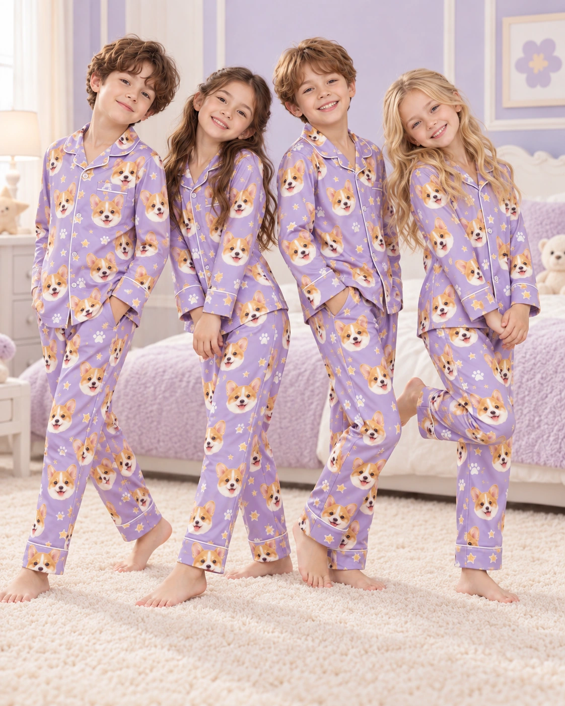Matching Kids Pajamas – Kids Group | MyDogPics Kids wearing matching kids pajamas with corgi faces on lavender satin with paw prints — MyDogPics