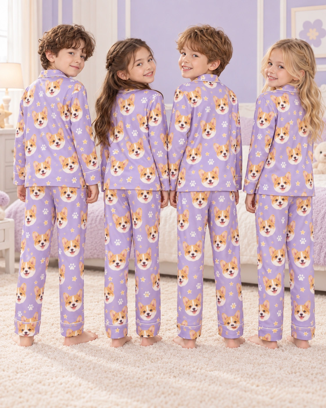 Matching Kids Pajamas – Kids Group | MyDogPics Kids wearing matching kids pajamas with corgi faces on lavender satin with paw prints — MyDogPics
