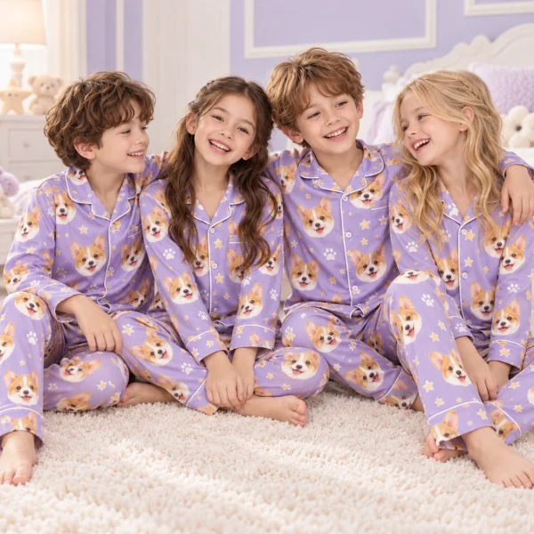 Kids wearing matching kids pajamas with corgi faces on lavender satin with paw prints — MyDogPics