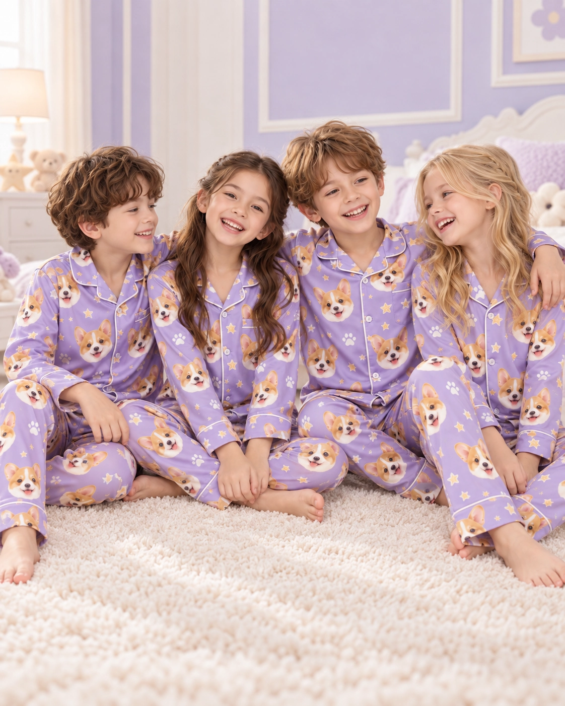 Matching Kids Pajamas – Kids Group | MyDogPics Kids wearing matching kids pajamas with corgi faces on lavender satin with paw prints — MyDogPics