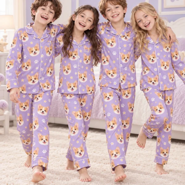 Kids wearing matching kids pajamas with corgi faces on lavender satin with paw prints — MyDogPics