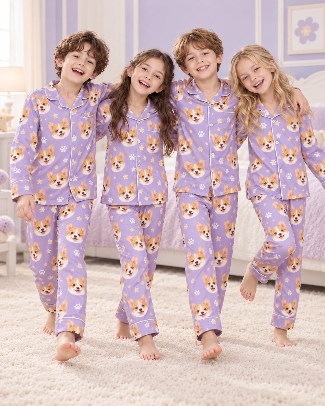 Matching Kids Pajamas – Kids Group | MyDogPics Kids wearing matching kids pajamas with corgi faces on lavender satin with paw prints — MyDogPics