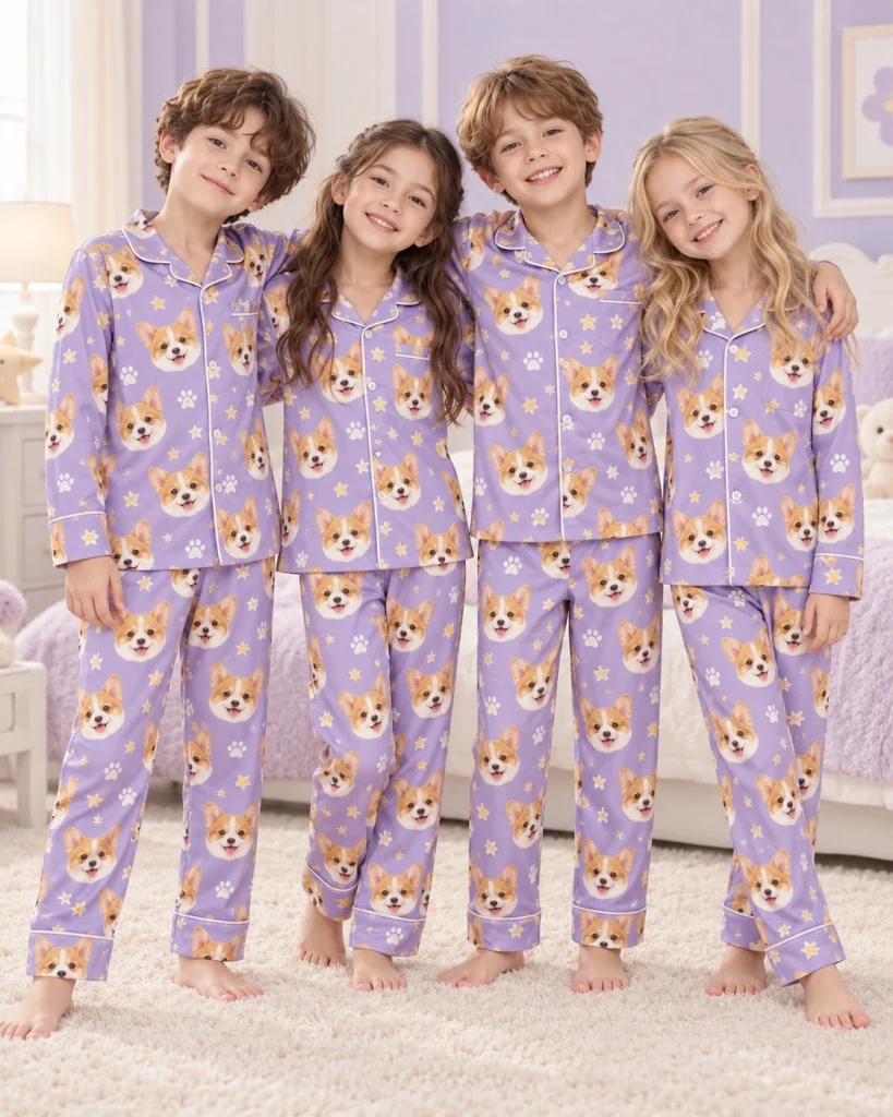 Kids wearing matching kids pajamas with corgi faces on lavender satin with paw prints — MyDogPics