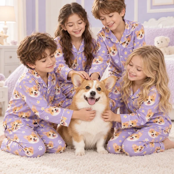 Kids in matching kids pajamas with their corgi — MyDogPics