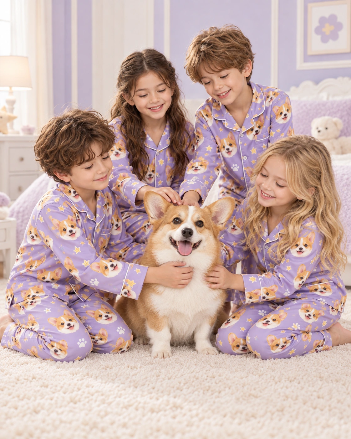 Matching Kids Pajamas – Kids With Dog | MyDogPics Kids in matching kids pajamas with their corgi — MyDogPics