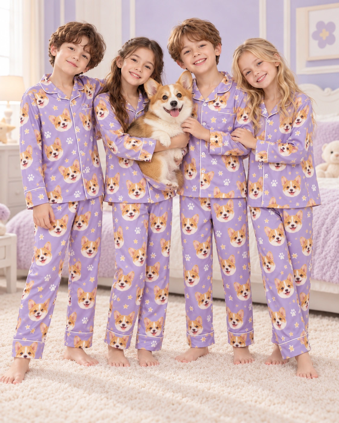 Matching Kids Pajamas – Kids With Dog | MyDogPics Kids in matching kids pajamas with their corgi — MyDogPics