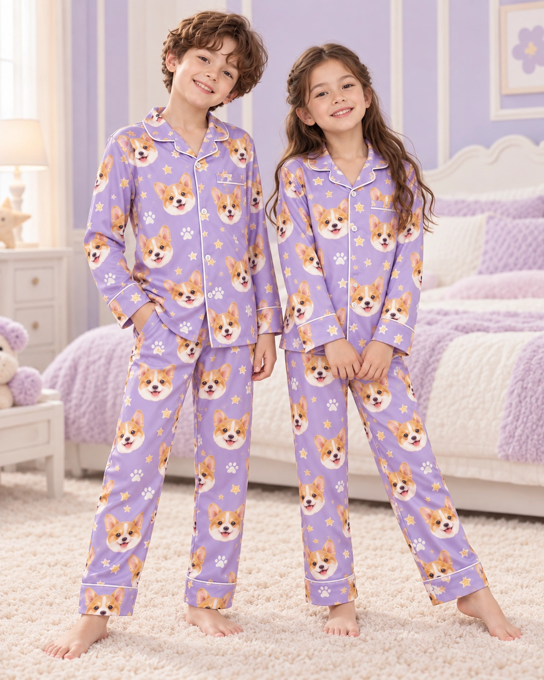 Matching Kids Pajamas – Two Kids | MyDogPics Two kids in matching kids pajamas with corgi faces on lavender satin with paw prints — MyDogPics