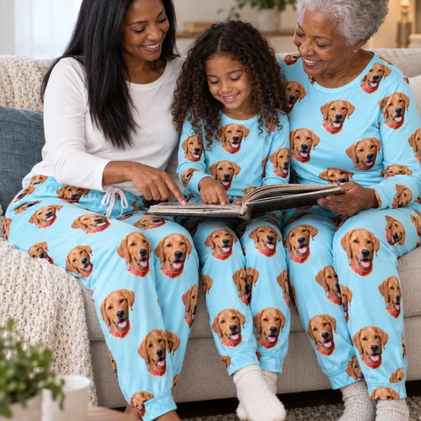 Woman and family in matching matching pajama pants with golden retriever faces on light blue fabric — MyDogPics