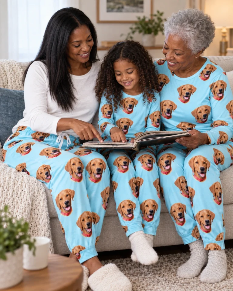 Woman and family in matching matching pajama pants with golden retriever faces on light blue fabric — MyDogPics