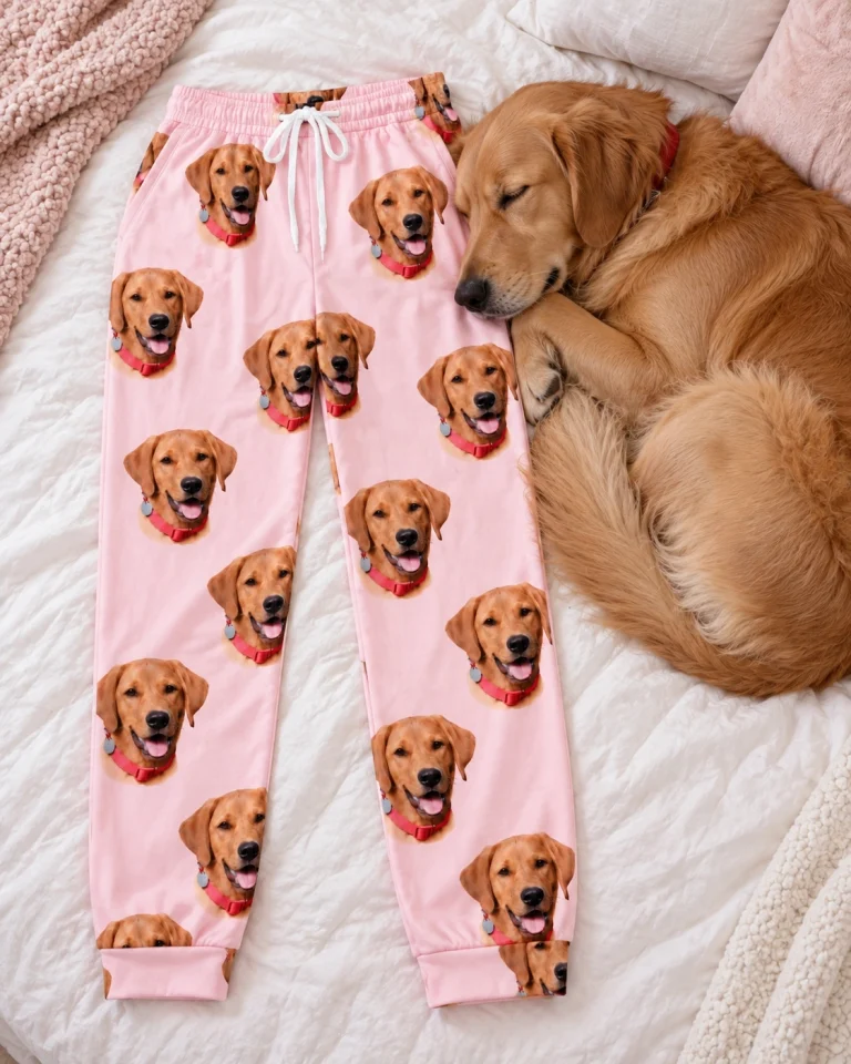 Flat lay of matching pajama pants: pants covered in golden retriever faces — MyDogPics