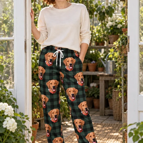 Woman wearing matching pajama pants covered in golden retriever faces on green plaid fabric — MyDogPics