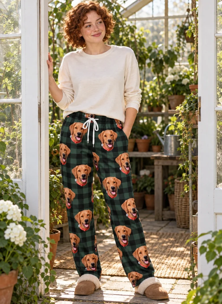 Woman wearing matching pajama pants covered in golden retriever faces on green plaid fabric — MyDogPics