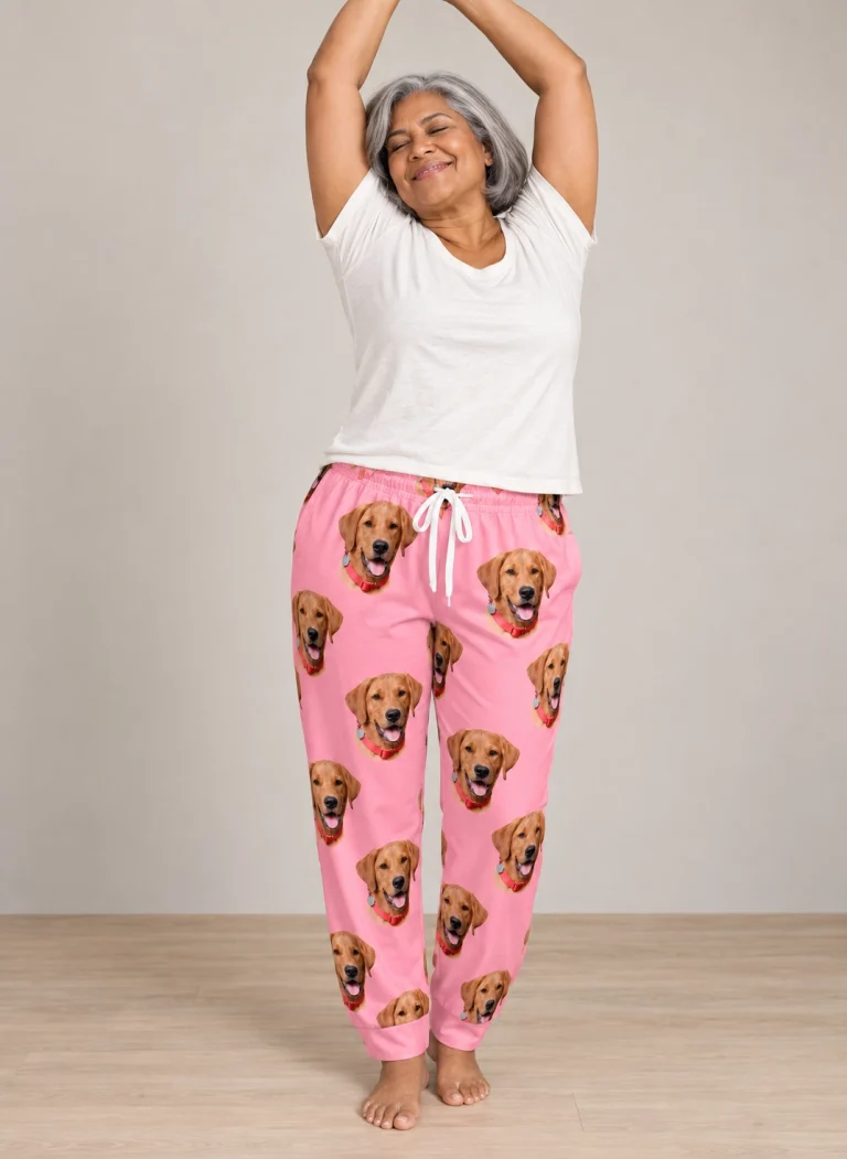 Woman posing in matching pajama pants, golden retriever faces on pink fabric — MyDogPics