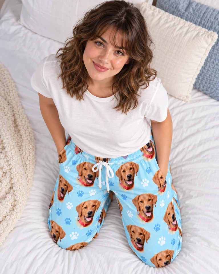 Woman sitting in matching pajama pants covered in golden retriever faces — MyDogPics