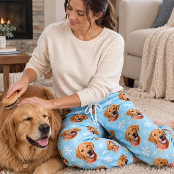 Woman in matching pajama pants with her golden retriever — MyDogPics