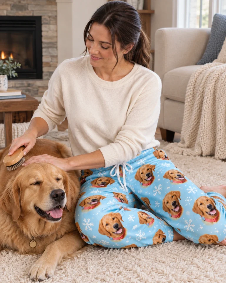 Woman in matching pajama pants with her golden retriever — MyDogPics