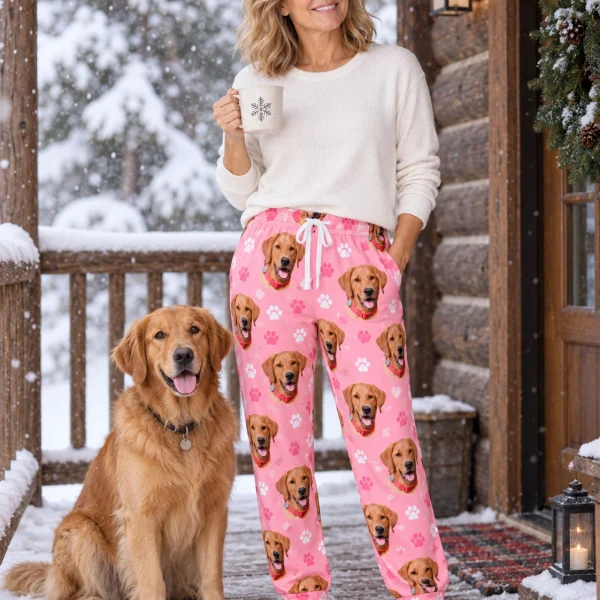 Woman in matching pajama pants standing next to her golden retriever — MyDogPics