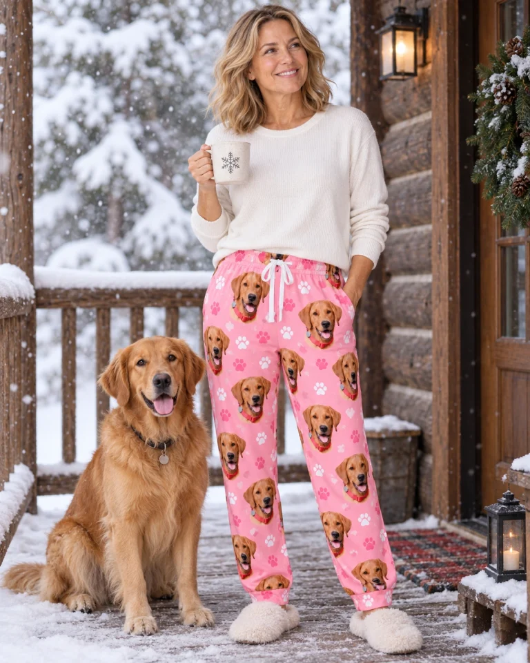 Woman in matching pajama pants standing next to her golden retriever — MyDogPics