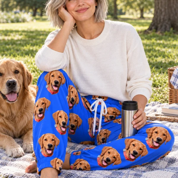 Woman in matching pajama pants with her golden retriever — MyDogPics