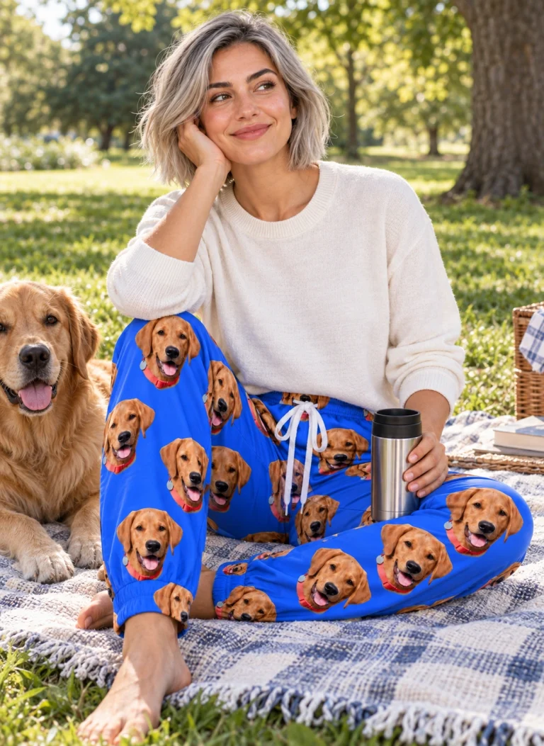 Woman in matching pajama pants with her golden retriever — MyDogPics