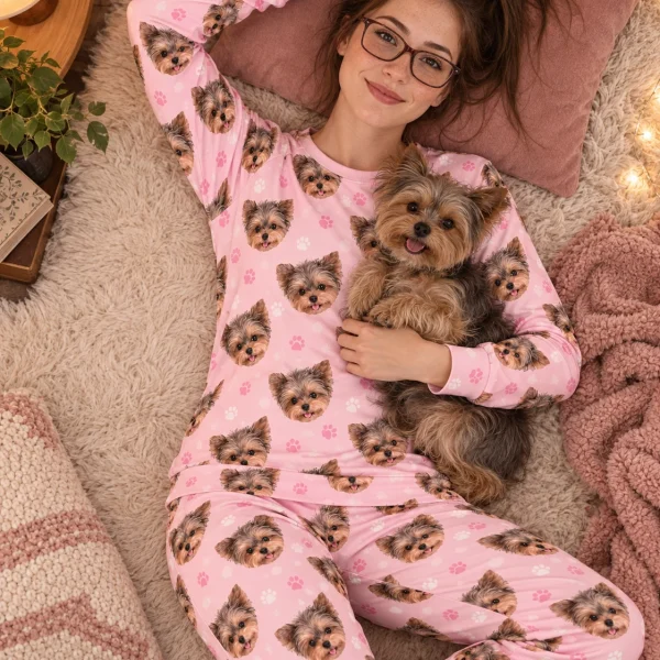 Woman in matching pajamas cuddling her Yorkshire terrier — MyDogPics