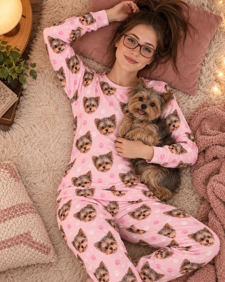 Woman in matching pajamas cuddling her Yorkshire terrier — MyDogPics