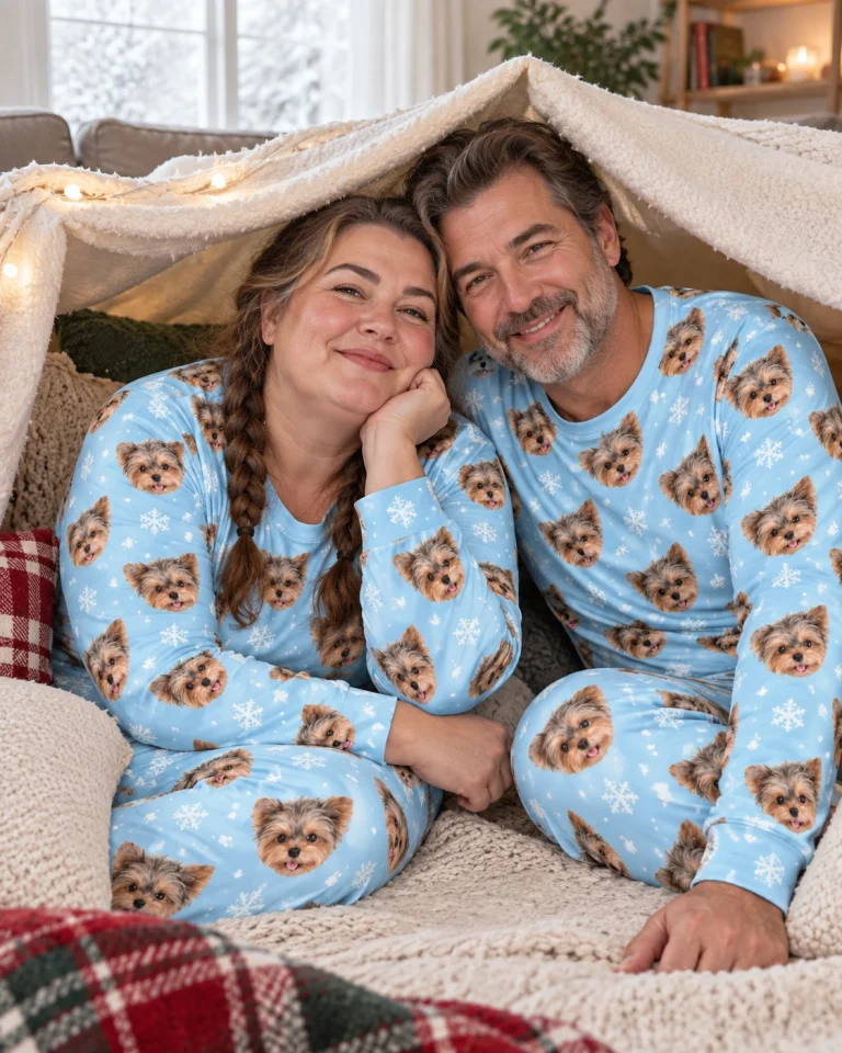 Woman and her partner in matching matching pajamas with Yorkshire terrier faces on light blue snowflake fabric — MyDogPics