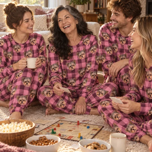 Woman and her friends in matching matching pajamas with Yorkshire terrier faces on pink plaid fabric — MyDogPics