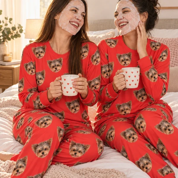 Woman and a friend in matching matching pajamas with Yorkshire terrier faces on red fabric — MyDogPics