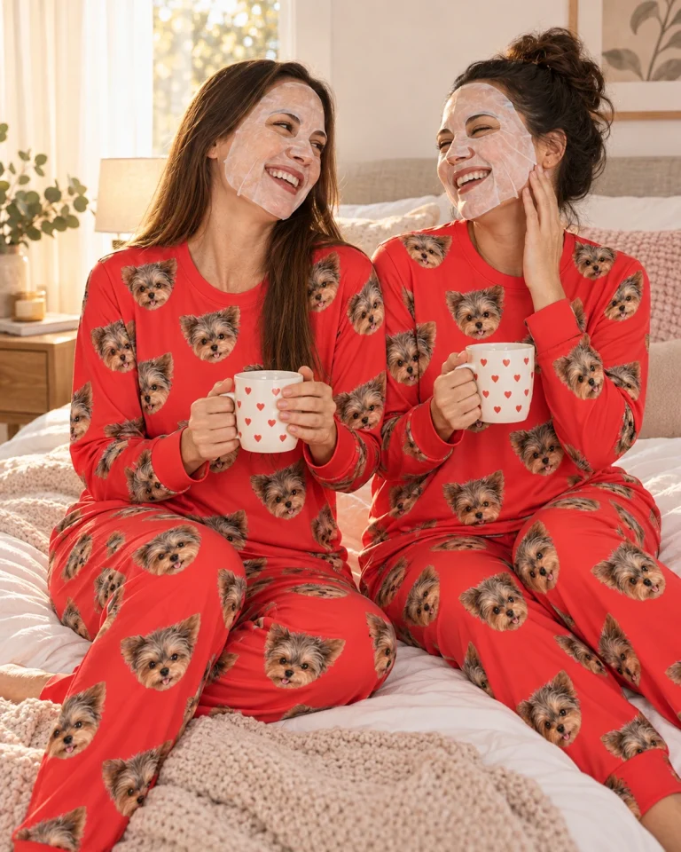 Woman and a friend in matching matching pajamas with Yorkshire terrier faces on red fabric — MyDogPics