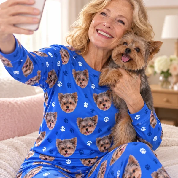Woman in matching pajamas holding her Yorkshire terrier — MyDogPics