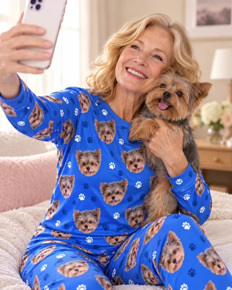 Woman in matching pajamas holding her Yorkshire terrier — MyDogPics