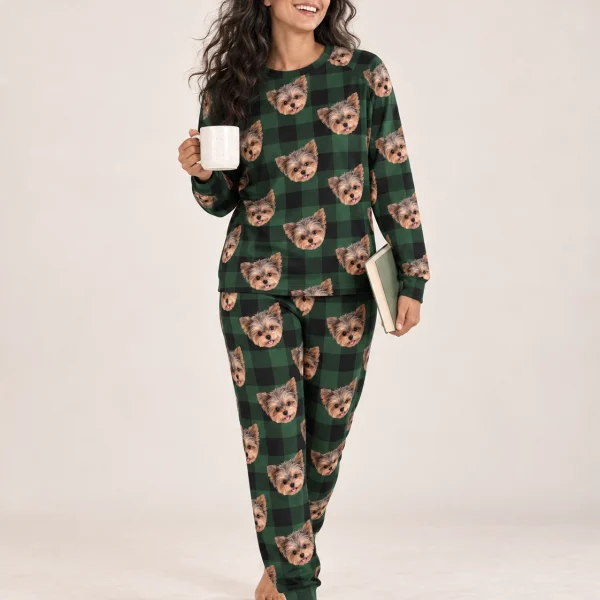 Woman posing in matching pajamas, Yorkshire terrier faces on green plaid fabric — MyDogPics